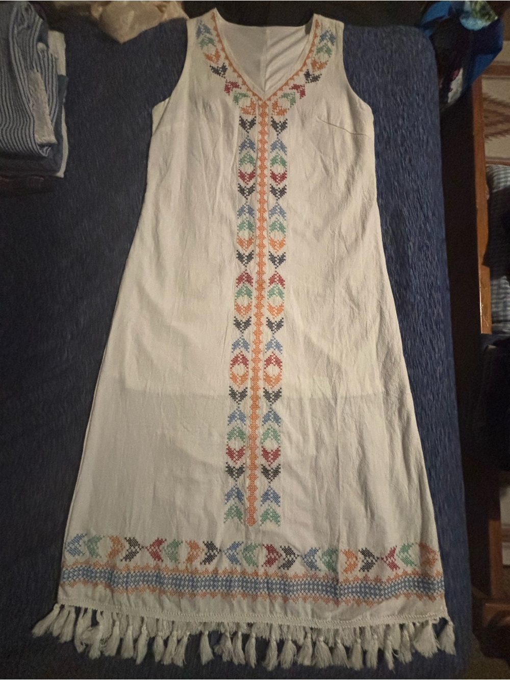SHEIN White Maxi Dress 👗 with Multicolor Embroidered hand sewn Trim and Fringies